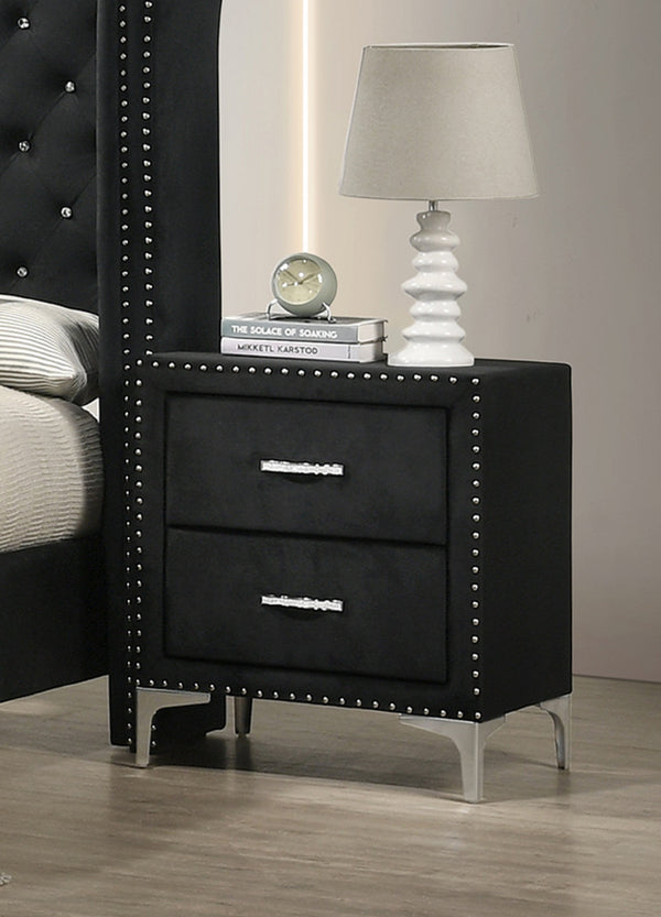 English Elm 1pc Glam Style Two-Drawer Nightstand Upholstered Fabric with Nailhead Trim, Tufted, Tempered Glass Top, Modern Bedroom Storage B011P288732