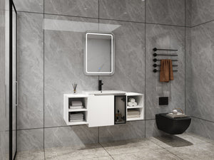 English Elm 48" Floating Bathroom Vanity with Ceramic Sink Soft Close Doors and Grey Glass Panel W999S00529
