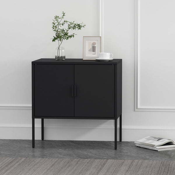 English Elm Ava 24" Metal Accent Cabinet in Black – Slim Steel Storage with Adjustable Shelf, Modern Minimalist Design B365P397879
