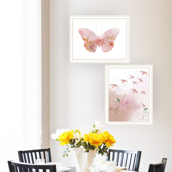 English Elm Trendy Botanical Framed Wall Art Set Two Panels Birds Butterflies Living Room Decor B067P254075