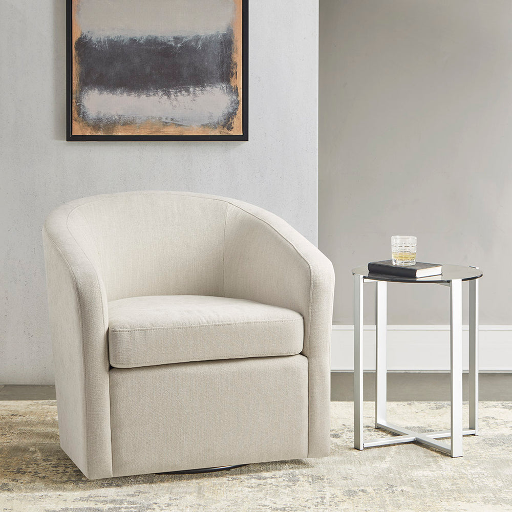 JLA Home Martha Stewart - Swivel Martha Stewart Amber Chair in Soft Ivory Fabric with 360° Metal Base, Plush Foam Comfort MT103-0132