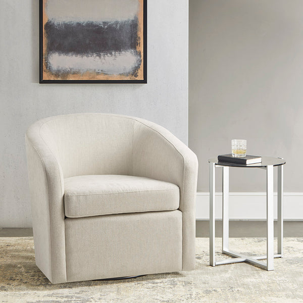 JLA Home Martha Stewart - Swivel Martha Stewart Amber Chair in Soft Ivory Fabric with 360° Metal Base, Plush Foam Comfort MT103-0132