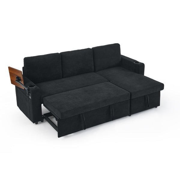 English Elm Modern Chenille Pull-Out Bed Sofa With Led Lights, Usb Ports, Cup Holders & Retractable Table, Black W1413S00098