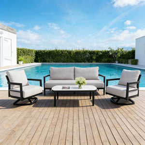 English Elm 4pc Outdoor Conversation Set Swivel Chairs Sintered Stone Table Sunbrella Cushions W1886S00041