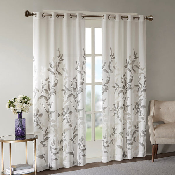 English Elm Burnout Botanical Curtain Panel Set – 2 Elegant Grey Panels With Silver Grommets For Light Filtering B035129675