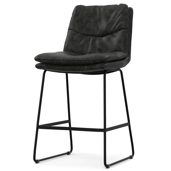 English Elm Danika Upholstered Counter Stool Set of 2 — Distressed Vegan Leather, Tufted Padded Seat, Metal Base Charcoal+Grey B136P252648