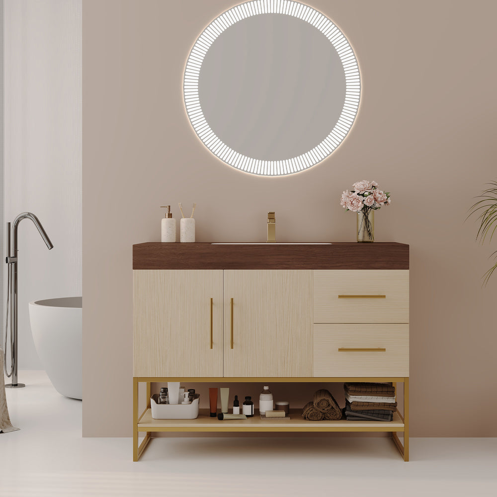 English Elm 36" Freestanding Bathroom Vanity Sintered Stone Top Brushed Gold Legs Wood Cabinet W3136S00056