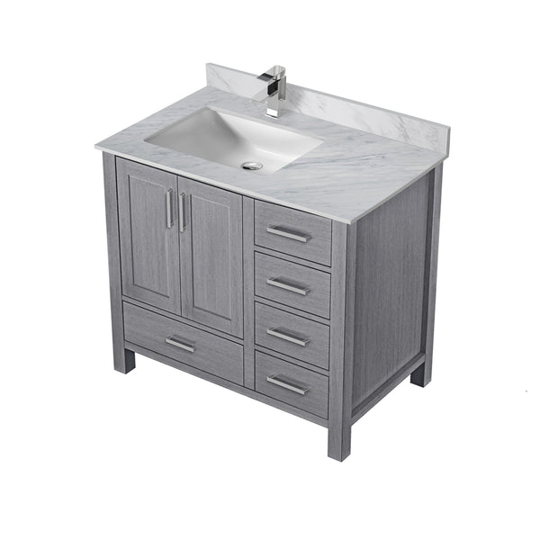 English Elm Distressed Grey 36" Bath Vanity with Left Carrara Marble Top, Soft-Close Drawers & Chrome Faucet Set B2731P259041