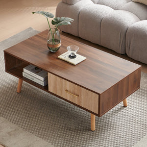 English Elm Rectangle Coffee Table With Solid Wood Legs, Modern Design, Storage Drawer, Walnut Finish Elegance W1265P236869-GIGA
