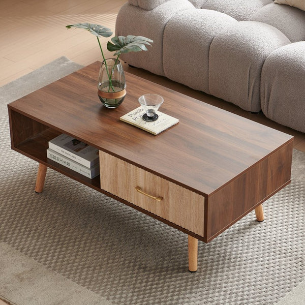 English Elm Rectangle Coffee Table With Solid Wood Legs, Modern Design, Storage Drawer, Walnut Finish Elegance W1265P236869-GIGA