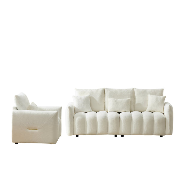 English Elm 80.7 Inch Plush Teddy Velvet 3 Seat Sofa Solid Wood Frame with Six Included Cushions Off White W2564S00068