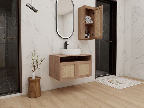 English Elm 30" Wall Mounted Bathroom Vanity Oak Finish Ceramic Art Sink Soft Close Storage W999S00495