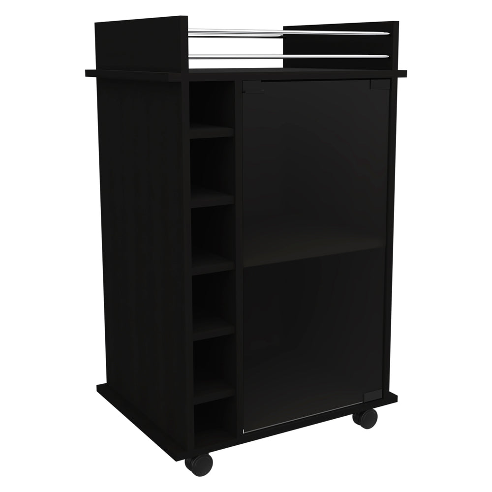 English Elm Dukat Rolling Bar Cart with Wine Storage Glass Cabinet and Espresso Wood Finish B20091846