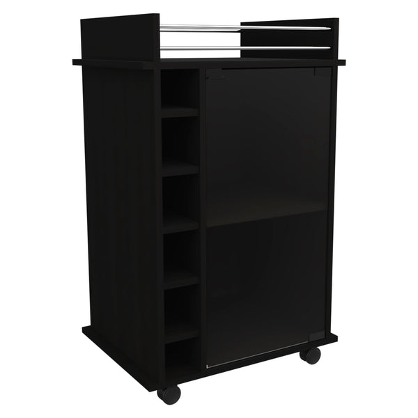 English Elm Dukat Rolling Bar Cart with Wine Storage Glass Cabinet and Espresso Wood Finish B20091846