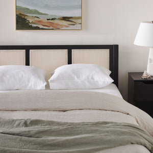 English Elm Walker Edison - Boho Solid Rubberwood Rattan Headboard Bedframe in Black — Platform Design, Coastal Modern Appeal Queen B185P326689