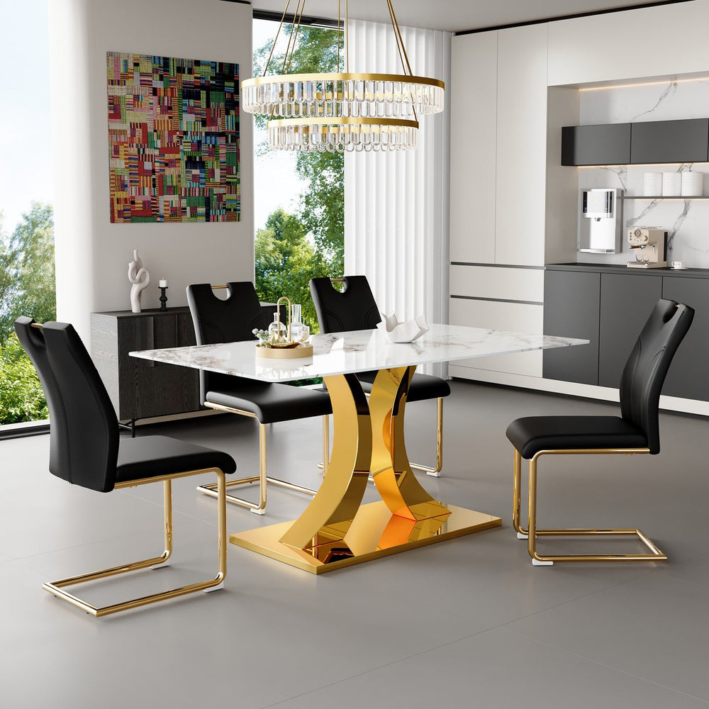 English Elm Marble-Patterned Foldable Dining Table With 4 Black U-Shaped Armchairs - Modern, Space-Saving Set W2920S00087