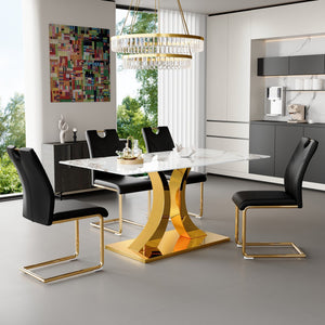 English Elm Marble-Patterned Foldable Dining Table With 4 Black U-Shaped Armchairs - Modern, Space-Saving Set W2920S00087