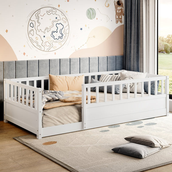 English Elm Twin Montessori Floor Bed Solid Pine Frame with Safety Fence Door for Kids Play Space White W1858P382398