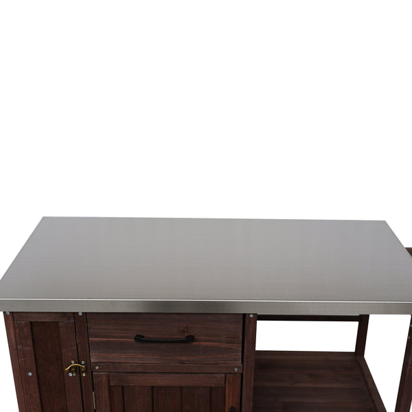 English Elm Foldable Outdoor Kitchen Cart with Stainless Worktop Fir Wood Frame and Lockable Wheels Dark Brown N719P380278S