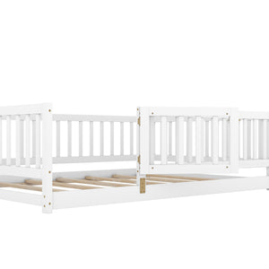 English Elm Full Size Pine Montessori Floor Bed with Fence & Removable Door, Sturdy Kids Bed White Playhouse W1820P349301