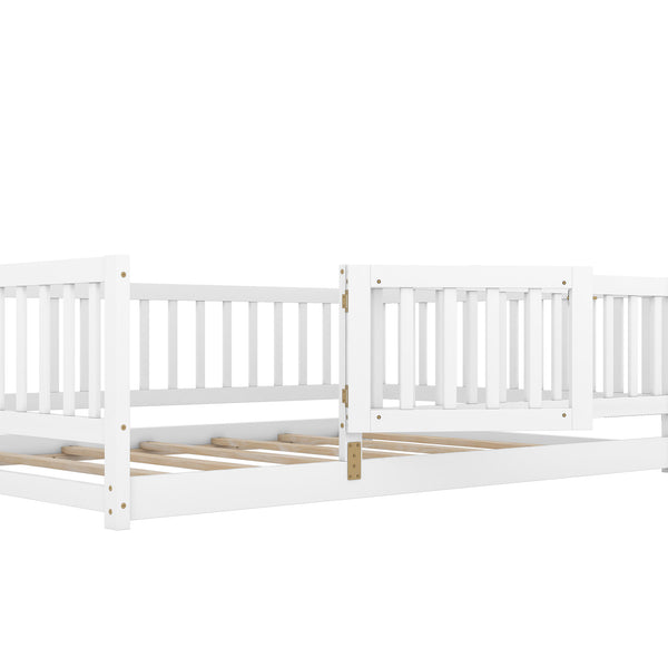 English Elm Full Size Pine Montessori Floor Bed with Fence & Removable Door, Sturdy Kids Bed White Playhouse W1820P349301