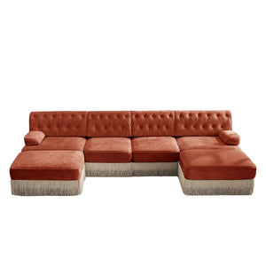 English Elm 4-seater Modular Sectional with Ottomans Tufted Fleece Sofa Tassel Skirt Retro Luxe Red+Brown W714S01727