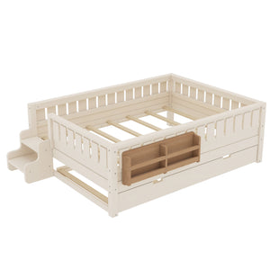 English Elm Twin Kids Platform Bed with Trundle Staircase Bookshelf and Rounded Safety Rails Beige W1580S00559