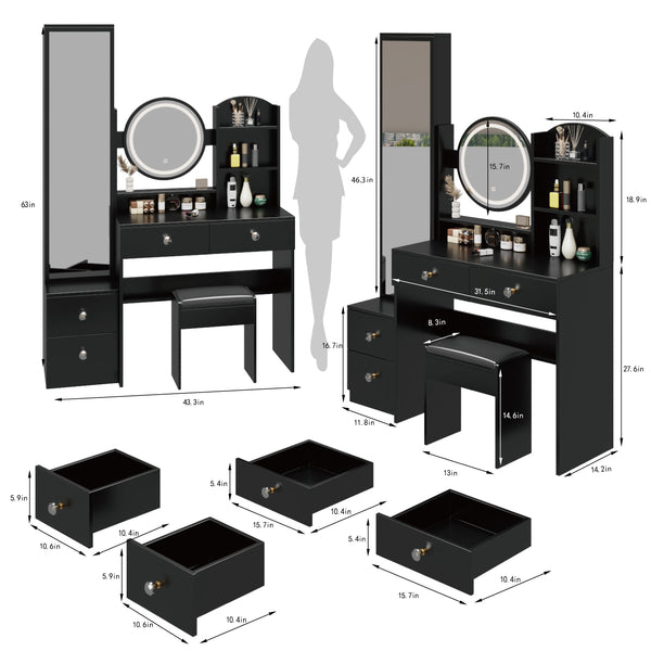 English Elm Full Body Mirror Cabinet with LED Round 17" Vanity Table, Cushioned Stool, 2AC+2USB, Touch 3-Color Brightness Adjustable Large Desktop Black W936P160029