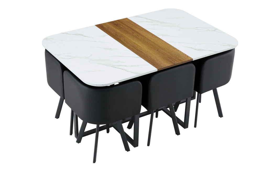 English Elm 7-piece Melamine Dining Set with Pu Cushioned Chairs and Iron Frame for Small Spaces W3875S00022