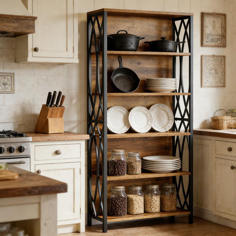 English Elm Storage Bookshelf with Vine Panel Design Seven Open Tiers for Living Room or Office T3971P461081