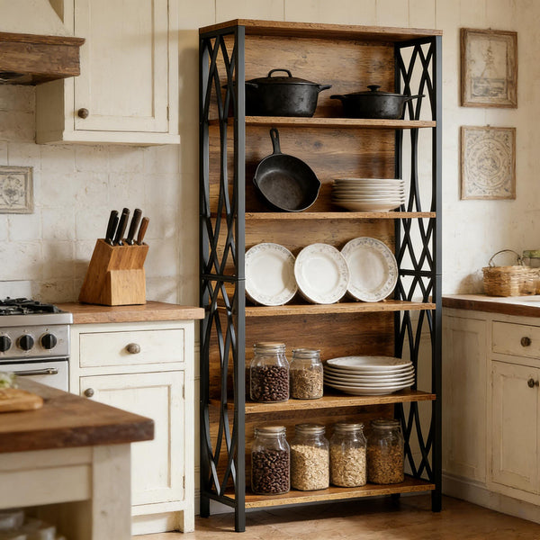 English Elm Storage Bookshelf with Vine Panel Design Seven Open Tiers for Living Room or Office T3971P461081