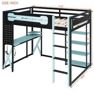 English Elm Full Size Loft Bed with Rgb Lighting Chevron Desk Usb Charging Ports and Storage Shelves Black+Blue LT000286AAC