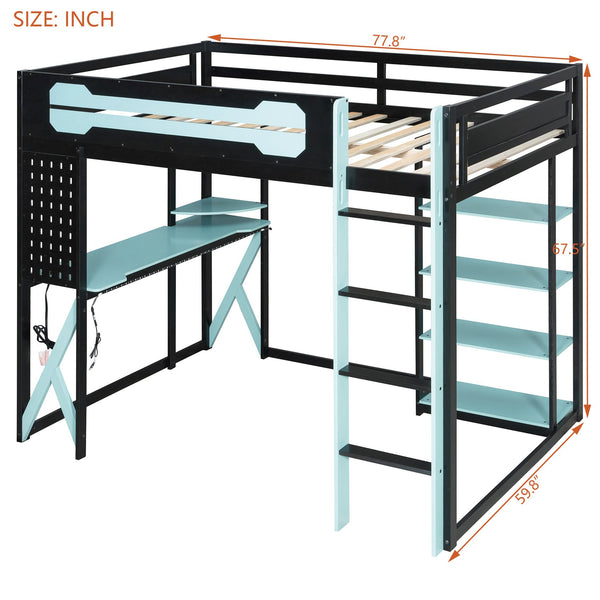 English Elm Full Size Loft Bed with Rgb Lighting Chevron Desk Usb Charging Ports and Storage Shelves Black+Blue LT000286AAC