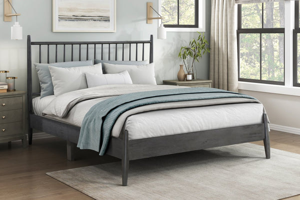 English Elm Mid-Century Queen Platform Bed with Vertical Slat Headboard, Low-Profile Wooden Frame, No Box Spring Needed Gray 60.25 L x 25 W x 6 H B011P211339