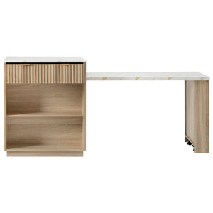 English Elm K&K Fluted Kitchen Island with Extendable Dining Table, Art Deco Mid-Century Design, Built-In Power Hub, Gold Handle Natural N707S000018Y