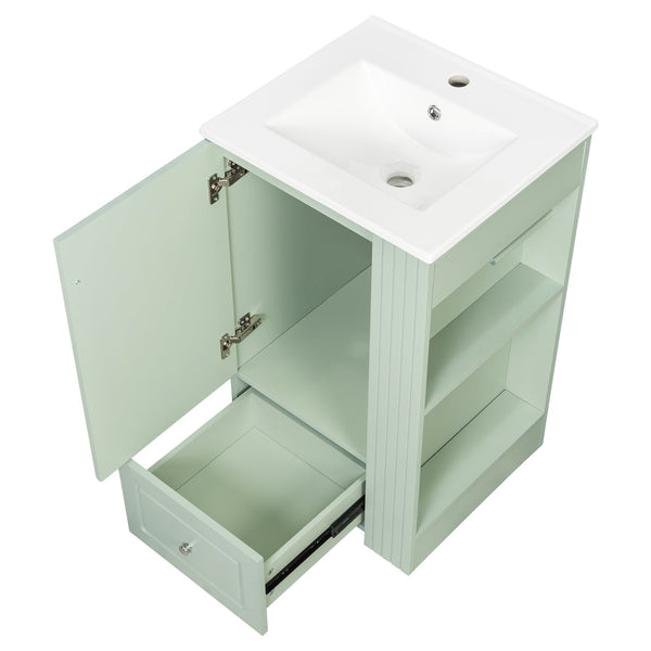 English Elm 20" Freestanding Bathroom Vanity Mdf Cabinet Ceramic Sink Open Shelves Powder Room Green N725P364210F