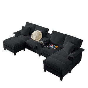 English Elm 120" Modular Corduroy Sectional Sofa Bed with Storage, U-Shaped 4-Seater, Cup Holders & Console Black W1359S00013