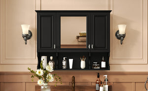 English Elm 35'' Modern Wall-Mounted Medicine Cabinet with Mirror, Hidden Storage and Open Shelves for Bath Black N710P209443B