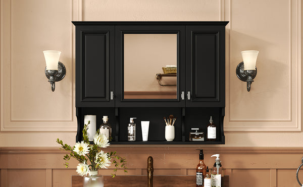 English Elm 35'' Modern Wall-Mounted Medicine Cabinet with Mirror, Hidden Storage and Open Shelves for Bath Black N710P209443B