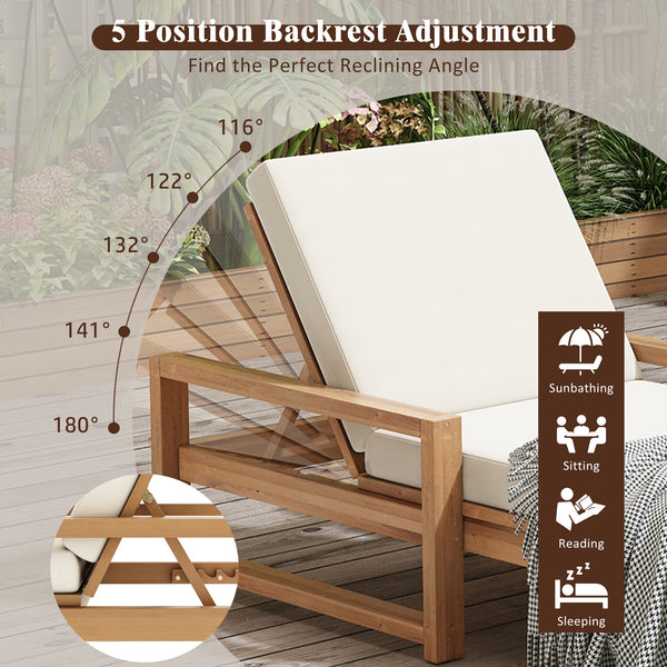 English Elm Trexm Outdoor Acacia Wood Chaise Lounge Set Two Adjustable Poolside Reclining Chairs Light Teak TM000013AAD