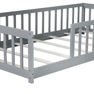 English Elm Twin Solid Rubberwood Floor Bed with Full Perimeter Safety Rails for Toddler Rooms Grey W504P296793