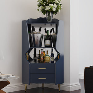 English Elm Wooden Corner Bar Cabinet with Mirrored Back, High Legs, 2 Shelves & 2 Drawers for Stylish Storage Blue W2899P374346