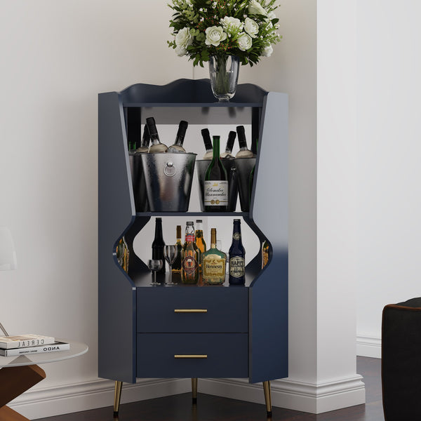 English Elm Wooden Corner Bar Cabinet with Mirrored Back, High Legs, 2 Shelves & 2 Drawers for Stylish Storage Blue W2899P374346