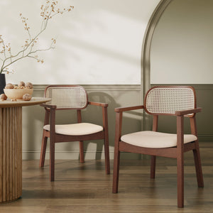 English Elm Christopher Knight Home® - Orrin Rattan & Wood Dining Chair with Armrests Set of 2 — Modern Comfortable Fabric Seats, 300 lb Beige+Brown 43 L x 25.75 W x 13.25 H N776P340269D