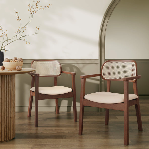 English Elm Christopher Knight Home® - Orrin Rattan & Wood Dining Chair with Armrests Set of 2 — Modern Comfortable Fabric Seats, 300 lb Beige+Brown 43 L x 25.75 W x 13.25 H N776P340269D