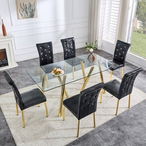 English Elm 71-inch Tempered Glass Dining Table Electroplated Metal Base Open Airy Modern Style Gold W3875S00006