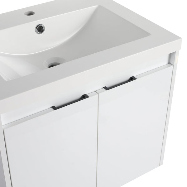 English Elm 24" Wall-Mounted Bathroom Vanity with Resin Sink, 2 Soft-Close Doors, Glossy White, Space-Saving Design W999P312081