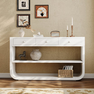 English Elm [video] Sculptural Console Table Pine Wood Curved Legs Soft-close Drawers Open Shelving Entryway White N759P433560K