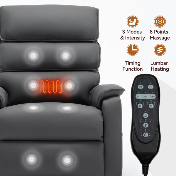 English Elm Dual Motor Power Lift Recliner with Massage Heat and 180 Degree Brown Lounge Chair Grey W1803S00062