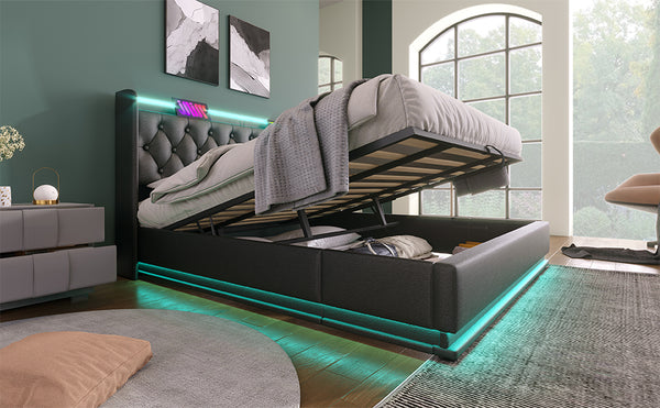 English Elm King Upholstered Bed with Surround LED, App/Remote Control, Hydraulic Storage, USB Type-C Charging Black N736P188808B